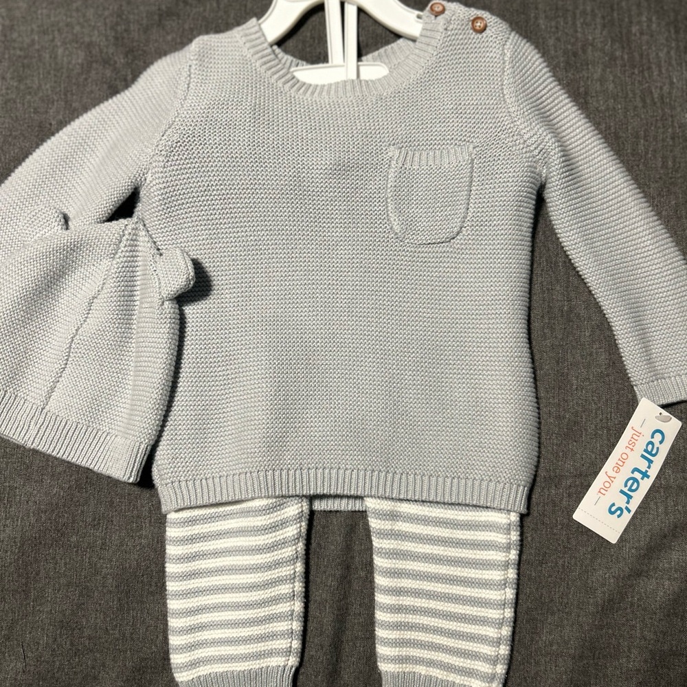 Carter's Just One You Baby Boys' Striped Sweater & Bottom Set - white and grey